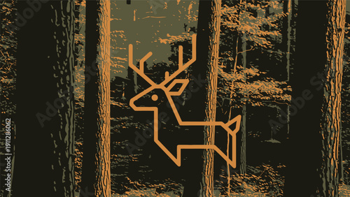 Neon Deer Silhouette in Forest Glowing Bright.