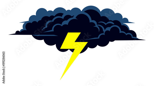 A graphic illustration of a dark storm cloud with a bright yellow lightning bolt on a white background.
