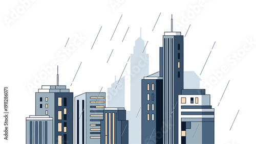 Illustration of a city skyline with tall buildings on a rainy day in shades of blue and gray against a white background.