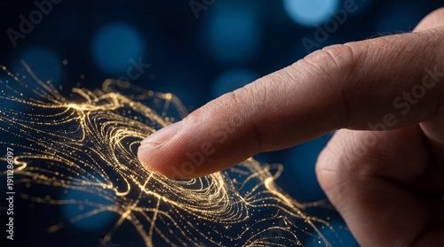 A finger touching abstract digital data, representing technology and innovation