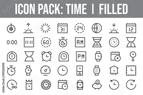 Minimal time, date, and location icons for navigation and planning. Includes clock, calendar, alarm, and map pin symbols in a clean outline vector style.