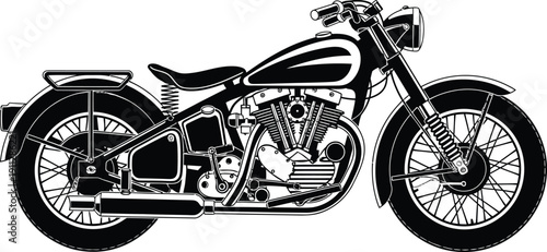 A classic vintage motorcycle with a Vtwin engine a detailed black and white graphic illustration in side profile.