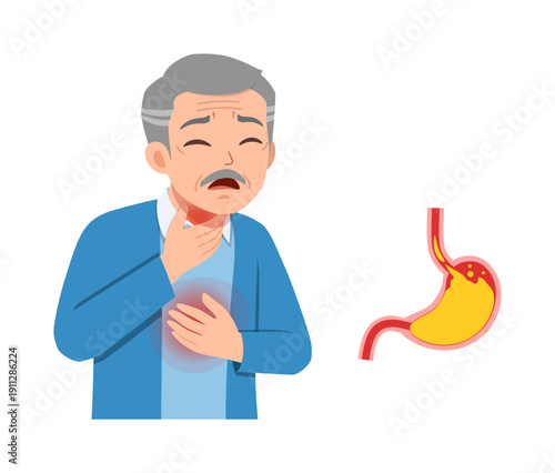 Elderly Asian man with pained expression experiencing acid reflux and heartburn holding chest and throat