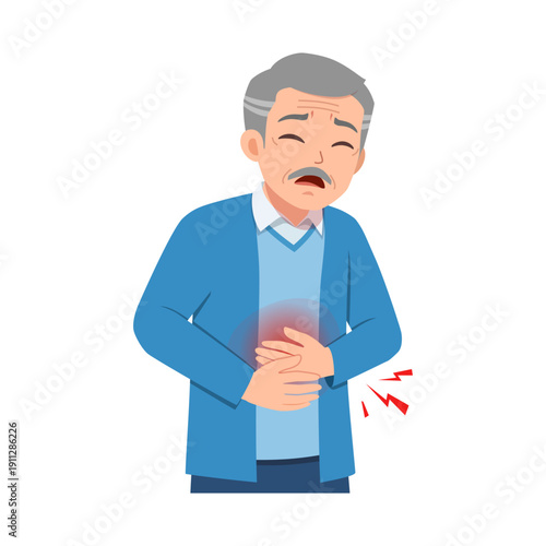 Asian elderly man suffering from stomach ache holding his belly with both hands showing discomfort