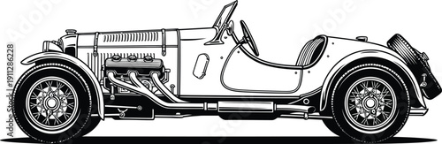 A classic vintage roadster sports car in a detailed black and white engraving style illustration.