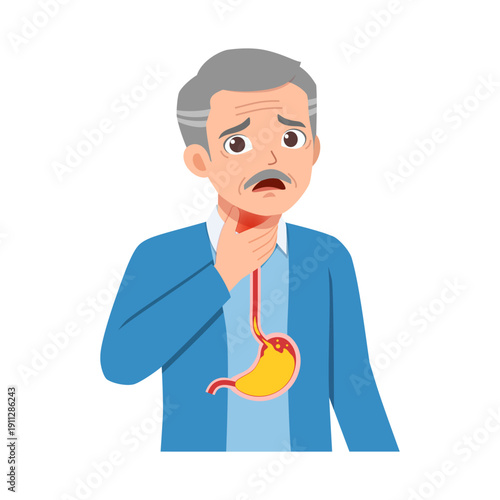 Asian elderly man worried with acid reflux heartburn stomach pain holding throat showing esophagus and stomach