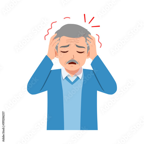 Asian Elderly Man Suffering from Severe Headache Holding Head with Hands Feeling Pain and Stress