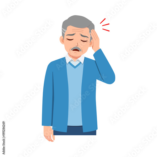 Senior man experiencing a headache holding his temple with a pained stressed expression on his face