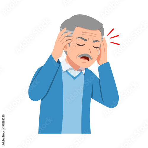 Older man suffering from severe headache holding his temples feeling pain and distress unwell in blue sweater
