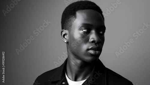 Wallpaper Mural Young Black Man in Studio Black and White Portrait, Looking Thoughtful Torontodigital.ca