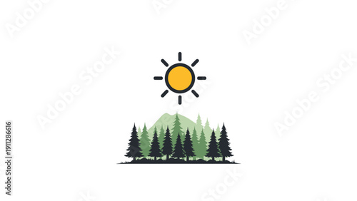 Stylized Sun Symbol Above Green Forest Illustration.