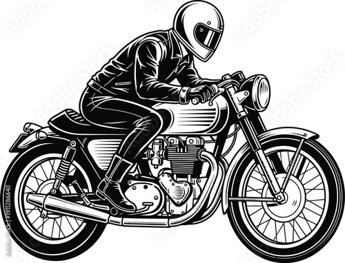 Black and white illustration of a rider in a leather jacket on a classic cafe racer motorcycle.