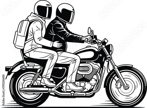 Black and white line art illustration of a couple with helmets riding a classic motorcycle.