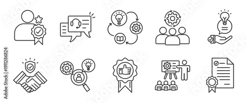 Expertise icon set collection in outline style. Icon pack contain  Expertise, consulting, knowledge, team, advice, trust, research, professional, training, certification