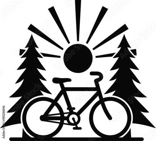 Black silhouette graphic of a mountain bike in a pine forest with a radiant sun.