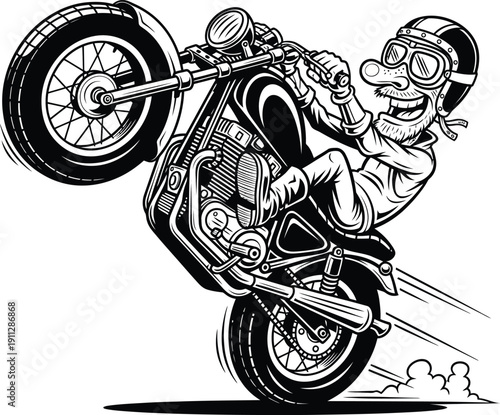 Cartoon biker with a big grin doing a wheelie on a custom chopper motorcycle.