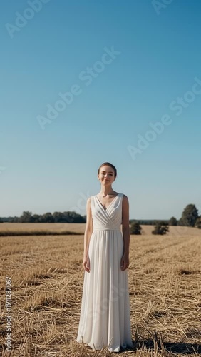 Wallpaper Mural Woman in a White Dress Standing in a Field of Stubble Under a Clear Blue Sky Torontodigital.ca