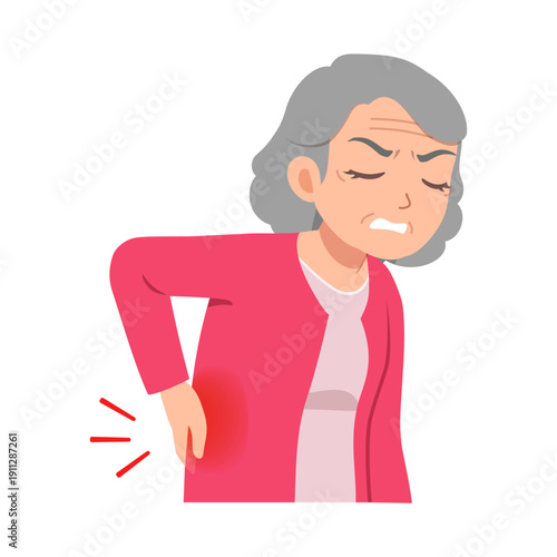 Elderly Asian woman grimacing in pain clutching her lower back with a distressed expression