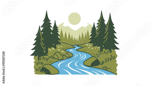 Illustration of River Landscape with Trees.