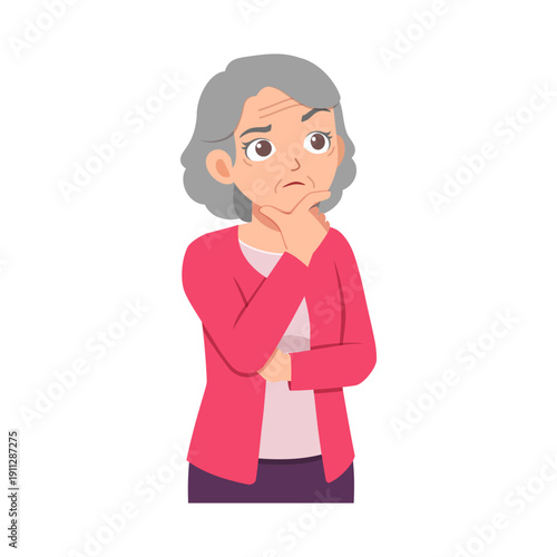 Thoughtful Asian senior woman in pink cardigan deep in contemplation with hand on chin pondering a decision