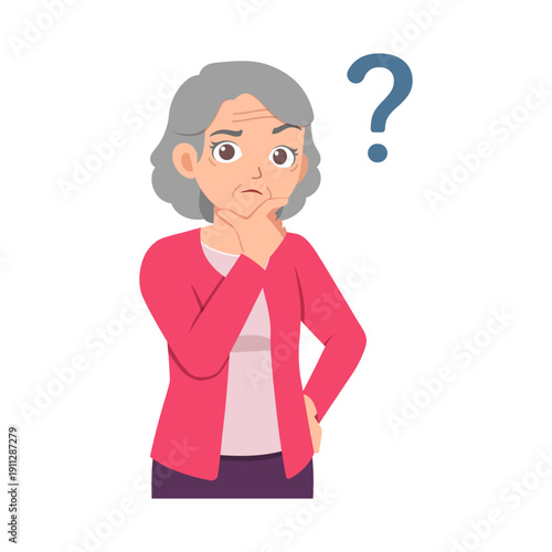 Pensive senior woman with gray hair thinking contemplating decision looking unsure with a question mark