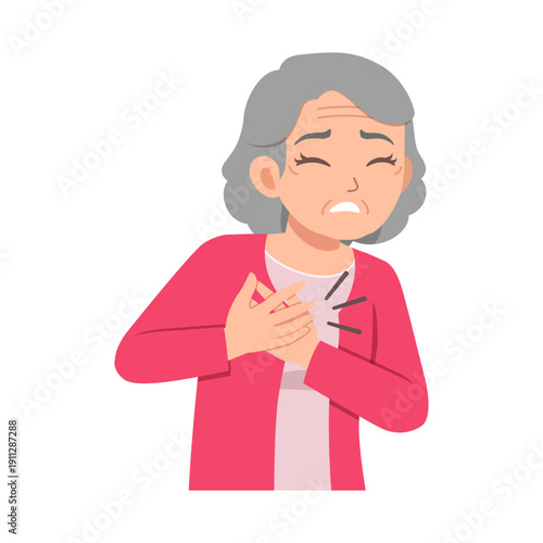 Elderly Asian woman clutching her chest experiencing heart pain with a distressed sad expression