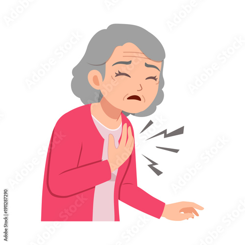 Elderly Asian woman experiencing chest pain heart attack symptom distressed expression
