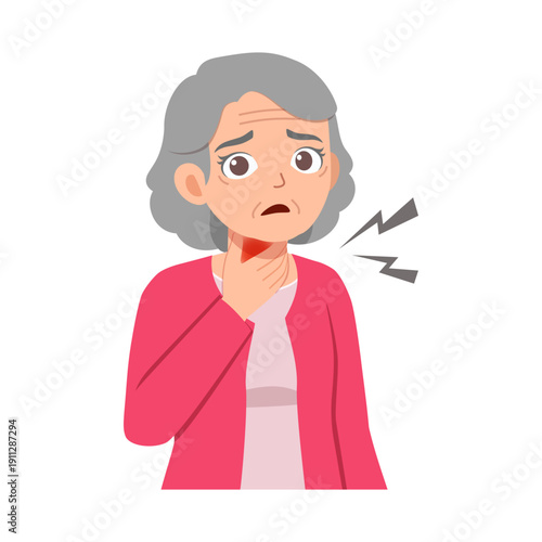 Elderly Asian woman feeling worried suffering from a painful sore throat with discomfort
