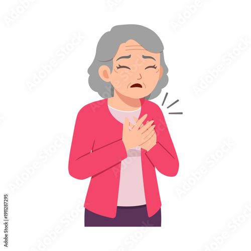 Asian elderly woman feeling chest pain uncomfortable expression suffering from heart attack ailment illustration