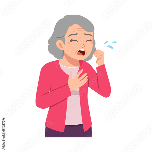 Elderly woman senior citizen coughing unhappily feeling unwell with a pained distressed expression in a flat illustration