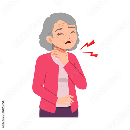 Asian elderly woman suffering from a sore throat holding her neck with a distressed painful expression