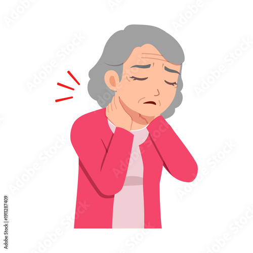 Elderly Asian woman feeling sad and unwell experiencing neck pain health issue illustration