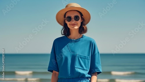 Wallpaper Mural Young Woman in Blue Outfit and Straw Hat Posing Confidently on Beach, Ocean Background, Close-Up Torontodigital.ca