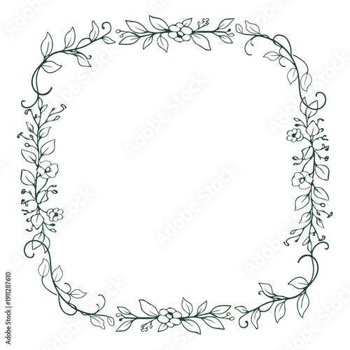 手描きボタニカル線画ラウンドフレーム（緑一色）／Hand Drawn Botanical Rounded Green Line Frame