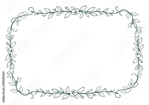 手描きボタニカル線画ラウンドフレーム（緑一色）／Hand Drawn Botanical Rounded Green Line Frame