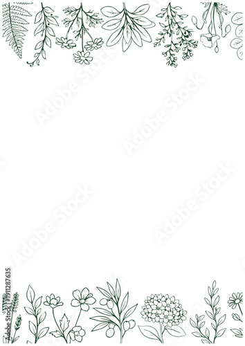 手描きボタニカル線画上下装飾縦型フレーム（緑一色）／Hand Drawn Botanical Green Line Art Vertical Top and Bottom Frame