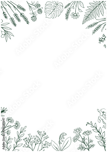 手描きボタニカル線画上下円形装飾縦型フレーム（緑一色）／Hand Drawn Botanical Green Line Art Vertical Top and Bottom Frame