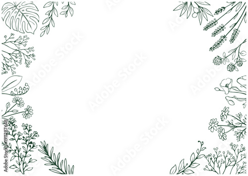 手描きボタニカル線画上下円形装飾フレーム（緑一色）／Hand Drawn Botanical Green Line Art Top and Bottom Frame