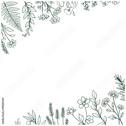手描きボタニカル線画コーナー＆ボトムフレーム（緑一色）／Hand Drawn Botanical Green Line Art Corner and Bottom Frame
