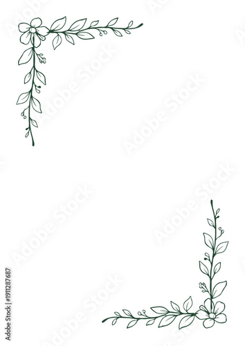 手描きボタニカル線画縦型コーナーフレーム（緑一色）／Hand Drawn Botanical Green Line Art Vertical Corner Frame