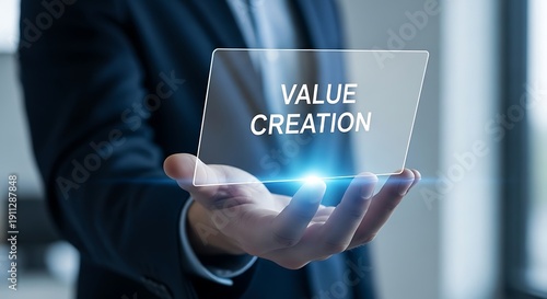 Business professional holding a tablet displaying the concept of value creation