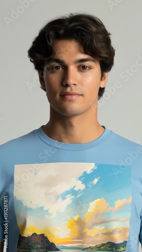 Wallpaper Mural Young Man Wearing Light Blue T-Shirt With a Vibrant Landscape Painting Featuring Mountains, Lake, and Sunset Torontodigital.ca