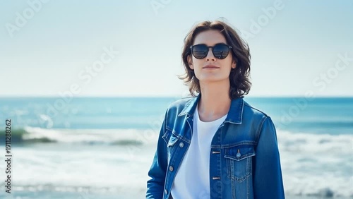 Wallpaper Mural Young Woman in Denim Jacket and Sunglasses Standing by the Ocean, Looking Confident and Serene Torontodigital.ca