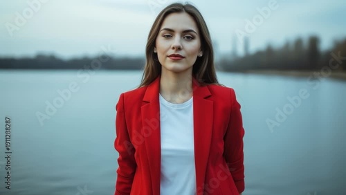 Wallpaper Mural Confident Young Woman in Red Blazer Standing by the Lake With Arms Crossed Torontodigital.ca