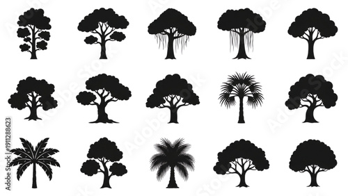 Extensive collection of diverse tree silhouettes, perfect for environmental, nature, and landscape design projects