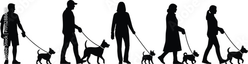 Collection of People Walking Dogs Silhouettes Isolated on White Background, Pet Owners with Small and Medium Dogs on Leash, Vector Illustration Set for Logo Design