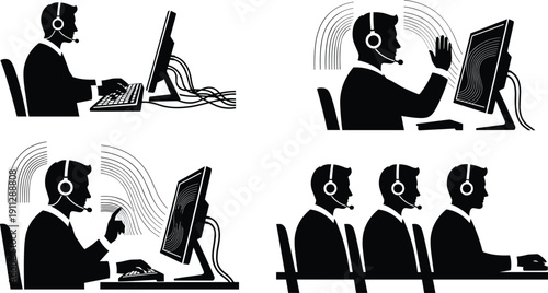 Professional call center agents with headsets working at computers in a black and white cad drawing flat vector illustration for office