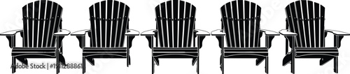 Row of five Adirondack chairs in a black and white cad drawing flat vector illustration for architectural landscape design and outdoor decor