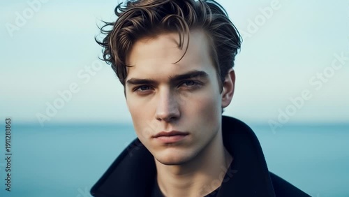 Wallpaper Mural Young Man With Stylish Hair Wearing Black Coat, Looking Directly at Camera With Calm Expression Torontodigital.ca