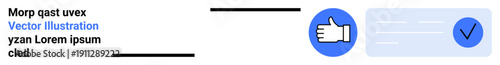Social media, user engagement, verification, trust, digital communication, online content. Thumbs up icon next to verification badge and text block. Social media and user engagement concept